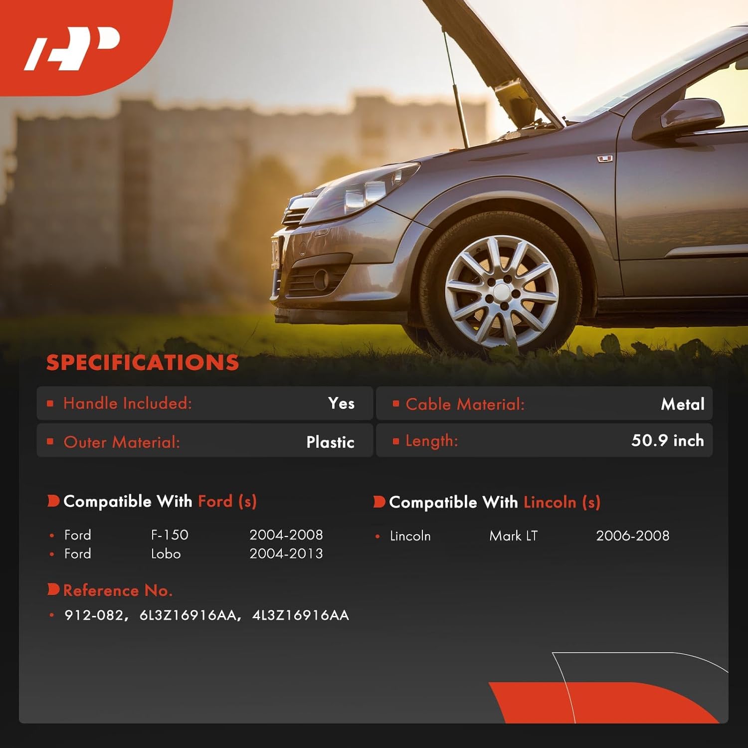 A-Premium Front Hood Latch Release Cable with Handle Compatible with Ford F-150 2004-2008, Lobo 2004-2013; Lincoln Mark LT 2006-2008, 50.9 inch, Replace# 6L3Z16916AA, 4L3Z16916AA