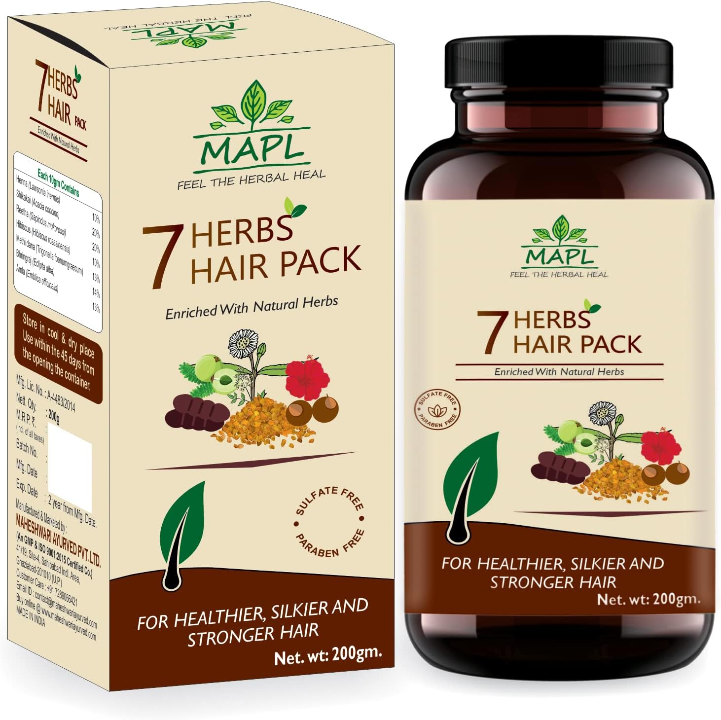 MAPL 7 Herbs Hair Pack | Ayurvedic Hair Care with Bhringraj, Amla, Hibiscus, Methi, Mehndi, Shikakai Natural & Chemical-Free | Promotes Hair Growth, Reduces Hair Fall & Premature Greying | 100gms