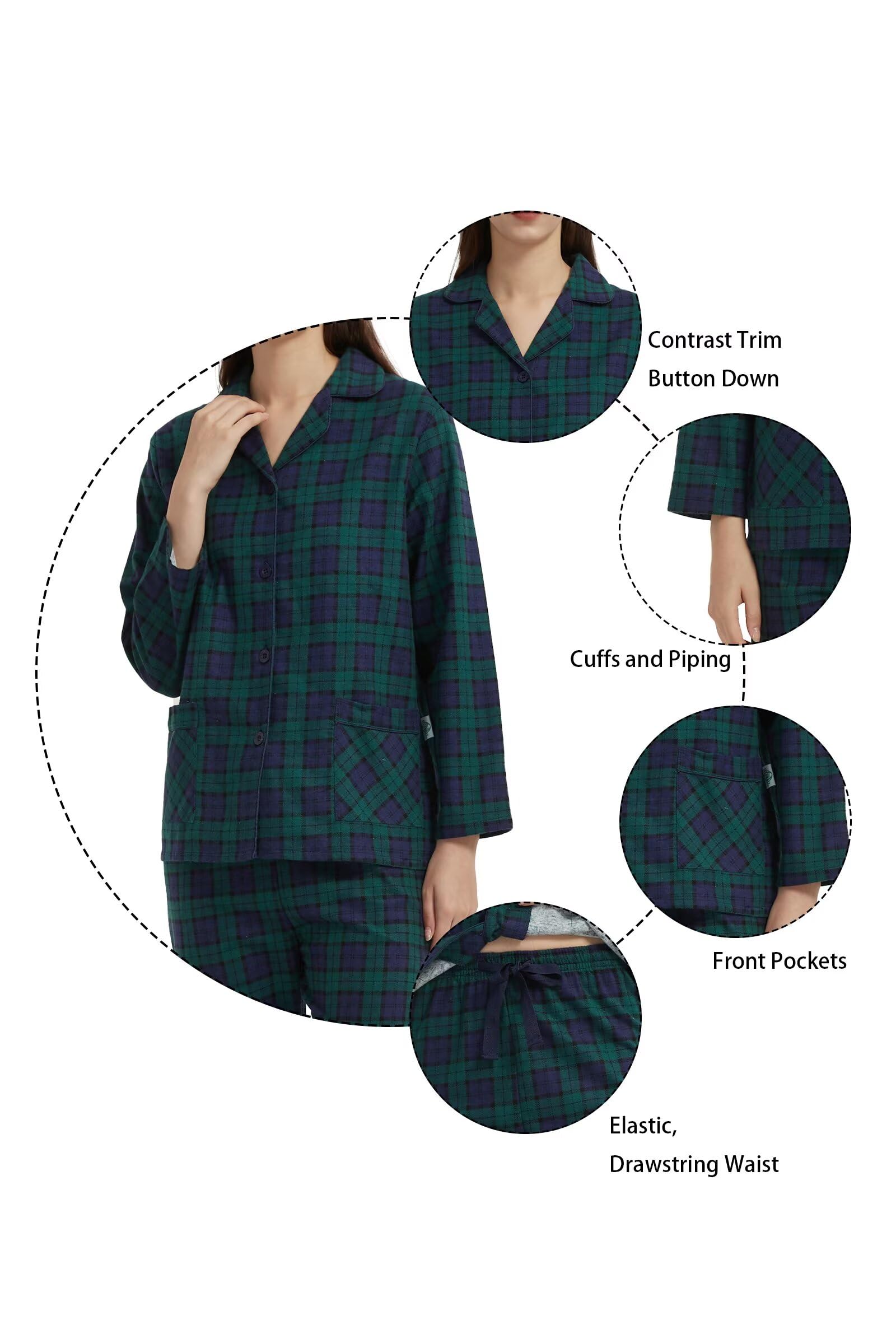 GLOBAL Conjunto de Pijama Algodón para Mujer Conjunto de Pijama Franela Suave Floral de Manga Larga con Botones para Mujer Ropa de Dormir con Cordón Transpirable para Mujer