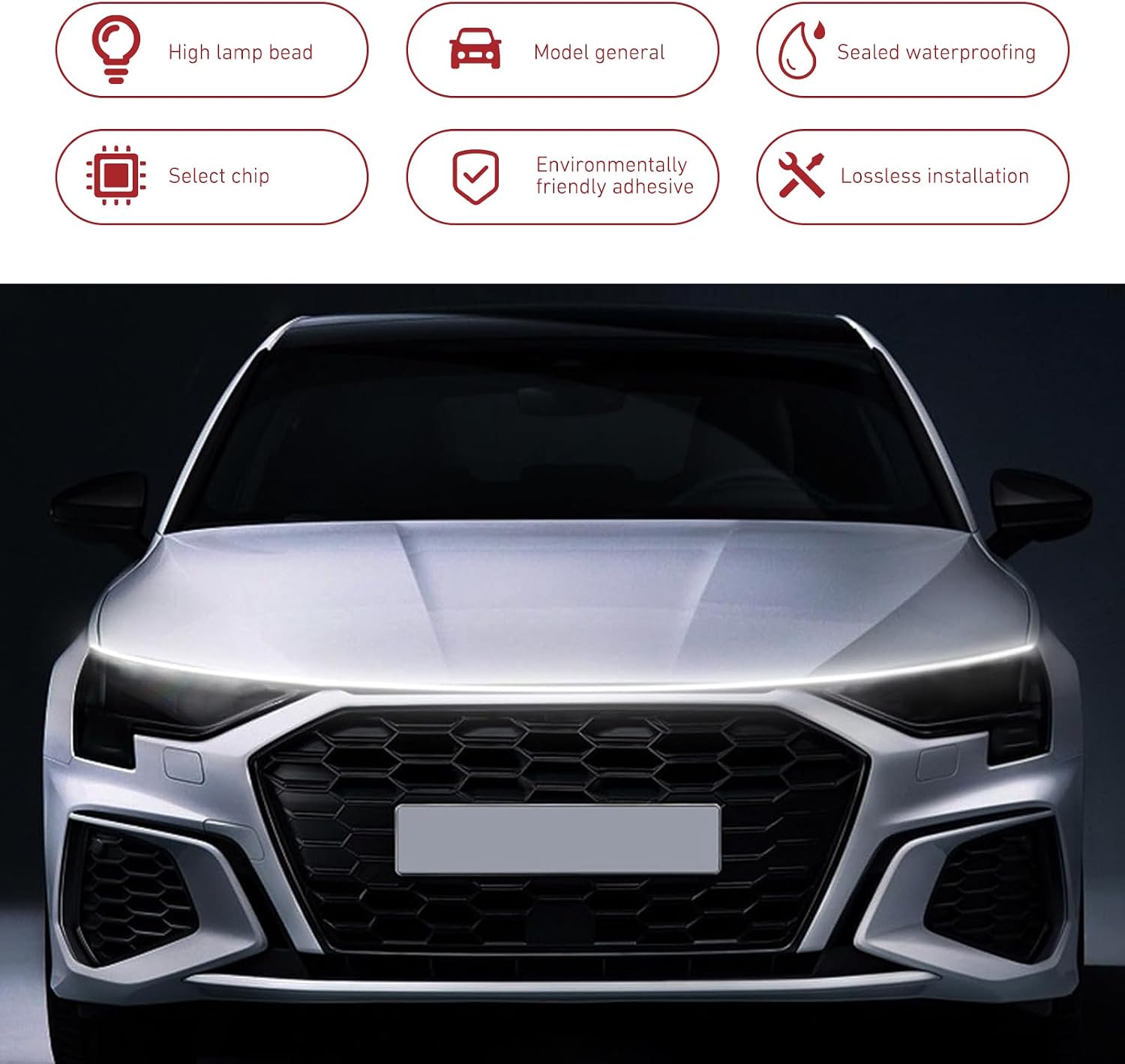 Car Hood Light Strip, 79 Inch Exterior LED Strip Lights for Cars, Flexible Daytime Running Lights, Universal Decoration Accessories, 12V Dynamic Scan Start-Up Effect Hood LED Kit