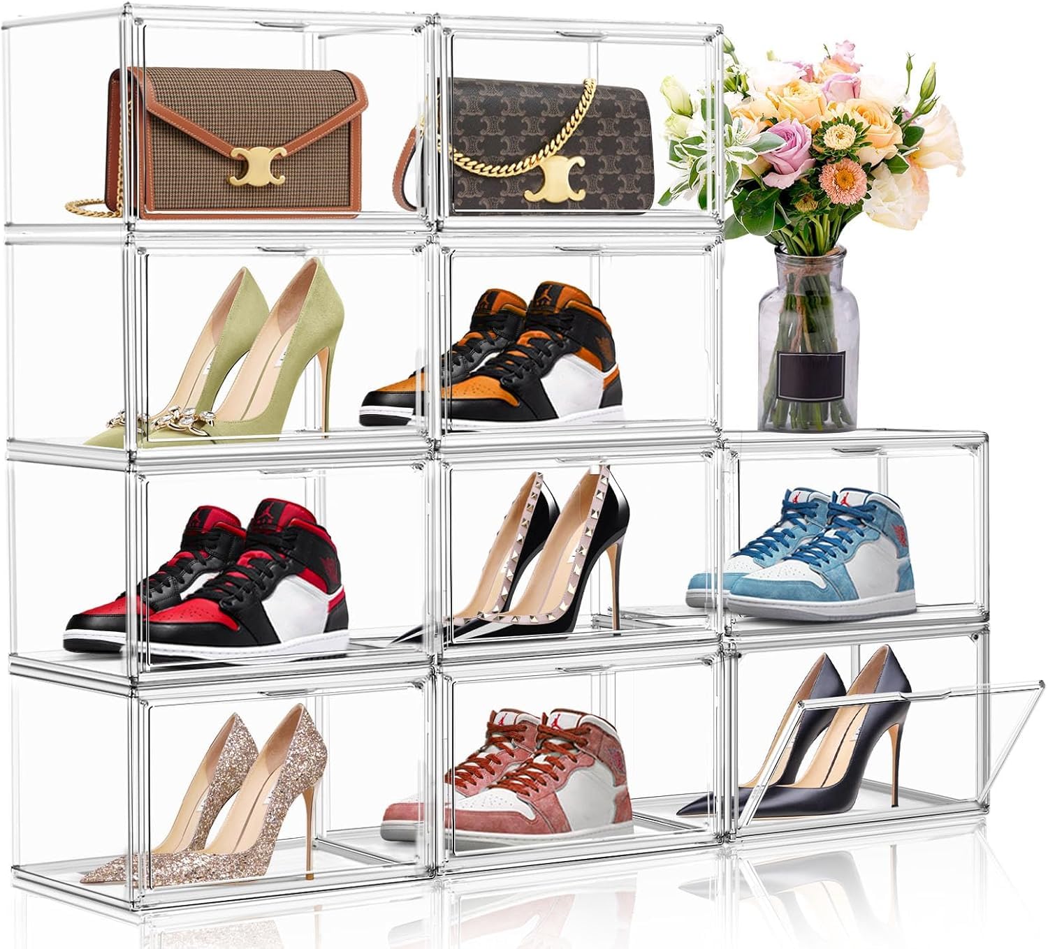 Shoe Organizer Clear Stackable Acrylic Shoe Cabinet, Sneaker Storage Box Rack With Lid Shoe Box, Sneaker Hanging Bag Display Case, Easy To Assemble (10 Pack)