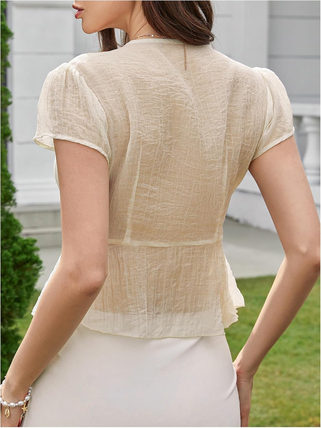 WDIRARA Women's Shell Deep V Neck Blouse Sexy Split Front Short Sleeve Sheer Tops - Image 2