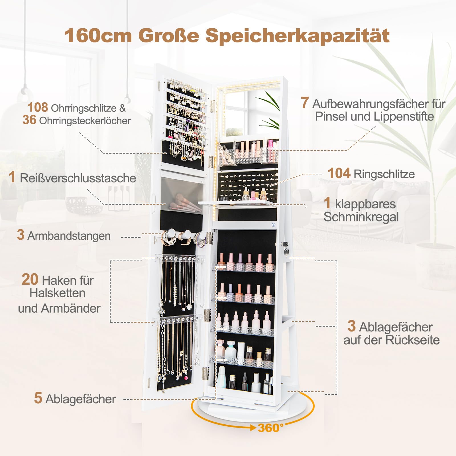COSTWAY Szafka na biżuterię z lustrem, szafka z lustrem z regulowanymi diodami LED, zamykana, obracana o 360° podstawa i duża przestrzeń do przechowywania