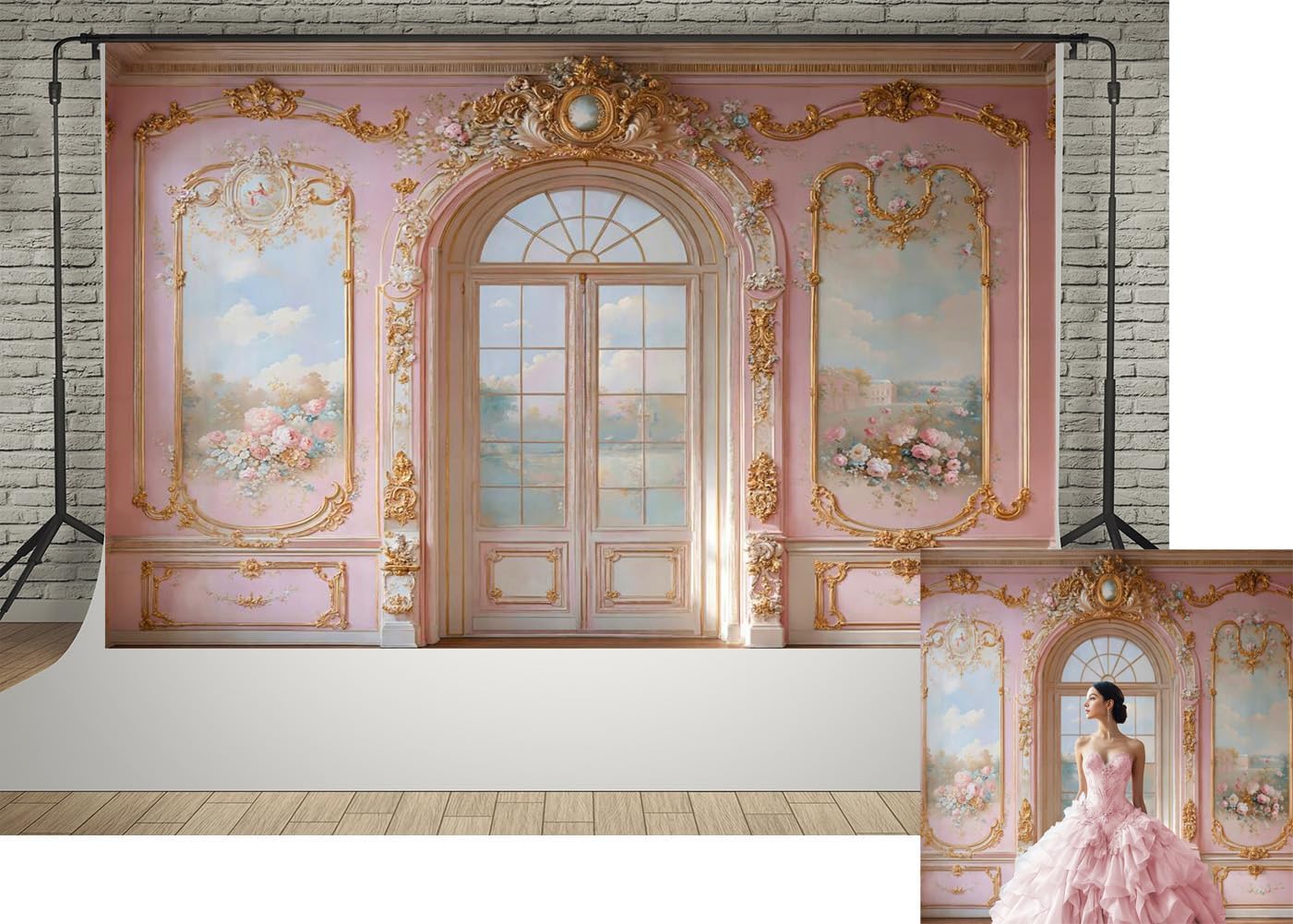 Kate 7x5ft Luxury European Style Castles Arch Photography Backdrops Pink Wall Oiling Style Flowers Painting Wedding Valentine Day Portrait Photo Background Video