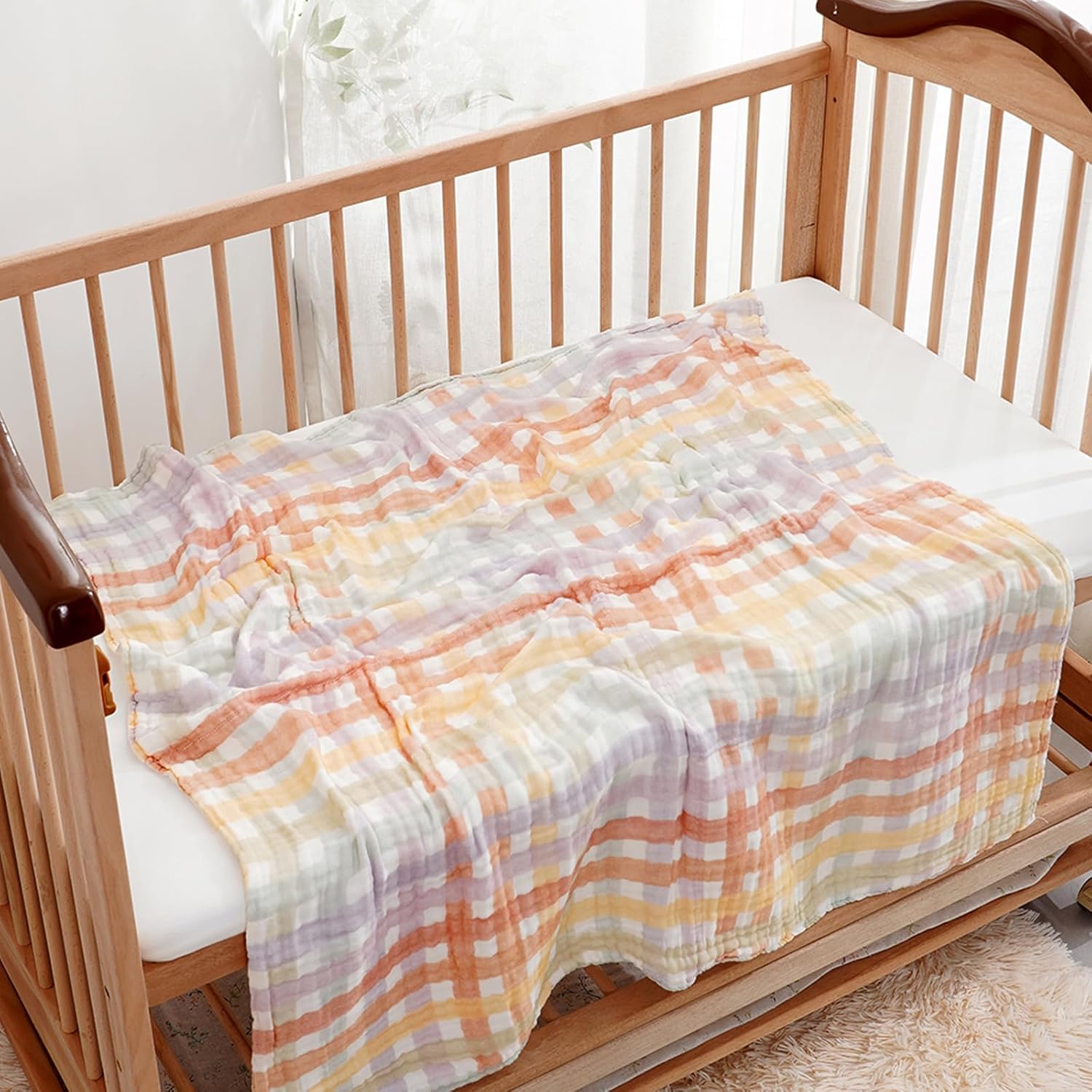 Muslin Swaddle Blankets 6-Layer Cotton Baby Blankets for Boys & Girls 43"X43"Inches Receiving Blankets,Soft Skin-Friendly Baby Crib Blanket(Rainbow Grid) - Image 8