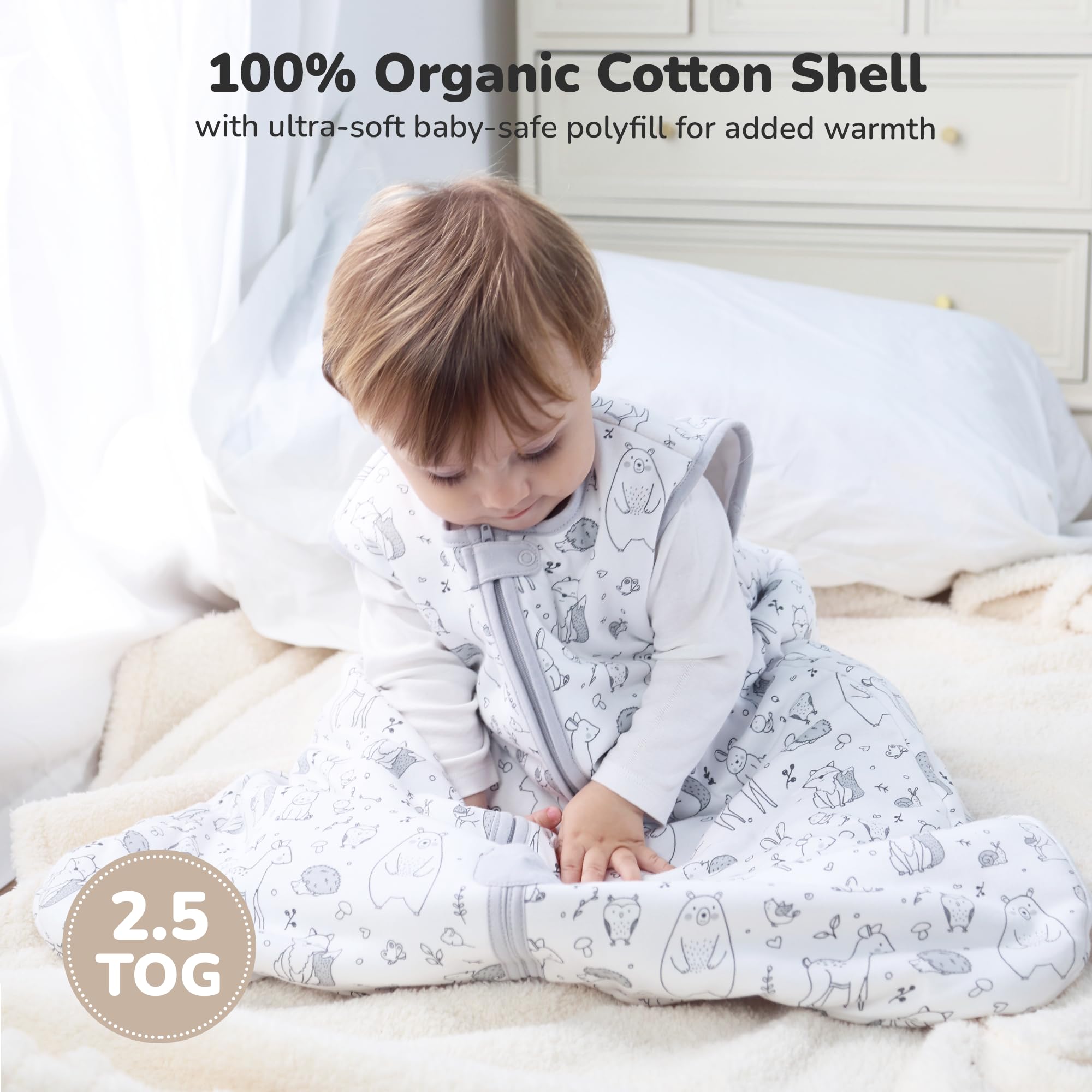 Mama Cheetah Sacco nanna da 2,5 TOG, in cotone organico, con cerniera a due vie, Swaddle Transition Baby Sleeping Bag for Newborn Infant Toddler Boy Girl, 18-24 mesi