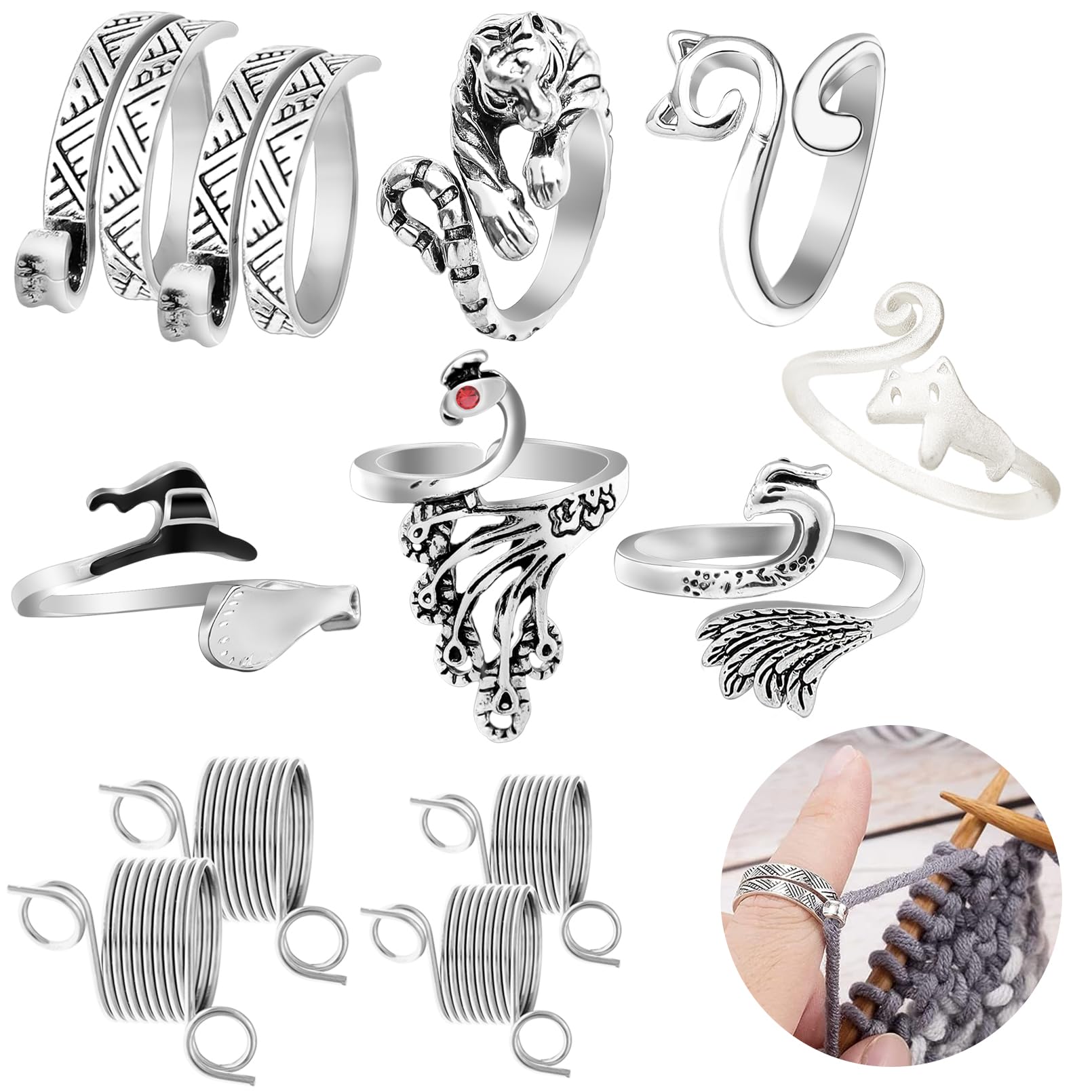 RechicGu 12pcs Adjustable Knitting Ring Loops & Crochet Accessories Yarn Guide Finger Holder Protection Thimble Tool Hat Cat Peacock Leopard