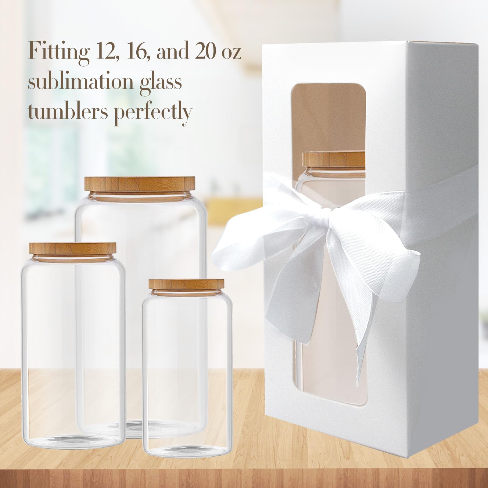 SENONAPO 64 Stück Geschenkboxen mit Band, 340 ml, 473 ml, 567 ml, für transparente Geschenkbox für Sublimationsglas, Ausstellungsboxen, Trinkgläser, Gläser, Rohlinge, Becher, Sublimationsgläser,