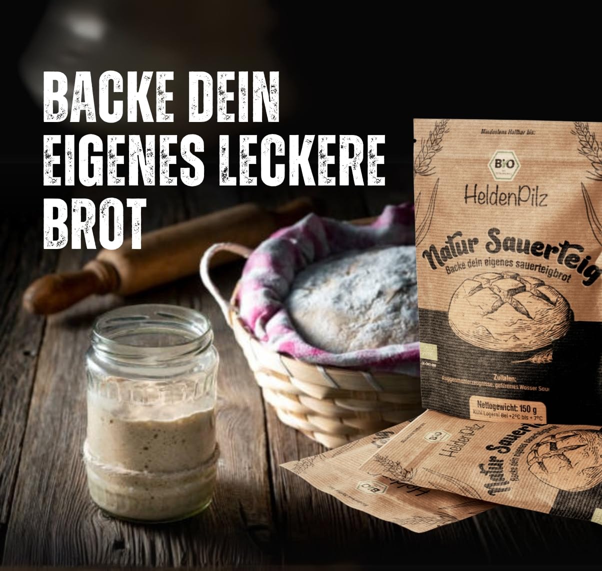 HeldenPilz Juego de cestas de fermentación – Bio masa madre Starter incluye cesta, vaso de vidrio fermentado, tarjeta de acero inoxidable y batidor danés