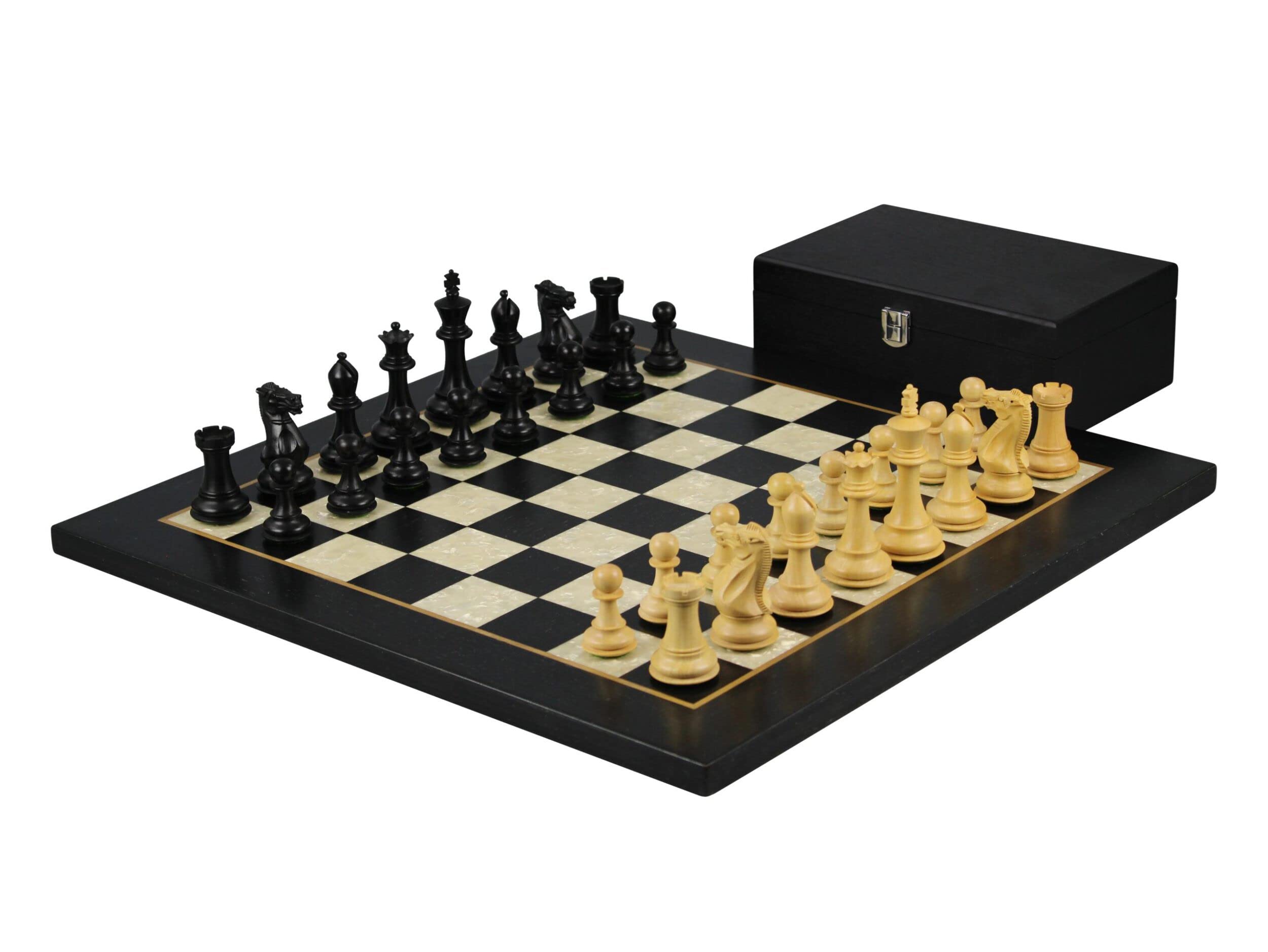 Set di scacchi piatti in madreperla Helena in legno di ebano 50,8 cm con scatola di scacchi 9,5 cm
