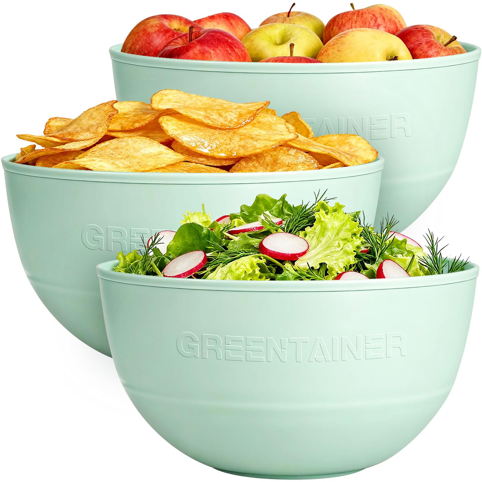 Greentainer Large Plastic Bowl Sets, 4L Heat-Proof Bowls Reusable Serving Mixing Bowls for Snacks, Fruit, Baking, Cooking, Salad & Food Prep, Microwave & Dishwasher Safe, 3 Pack (Green)