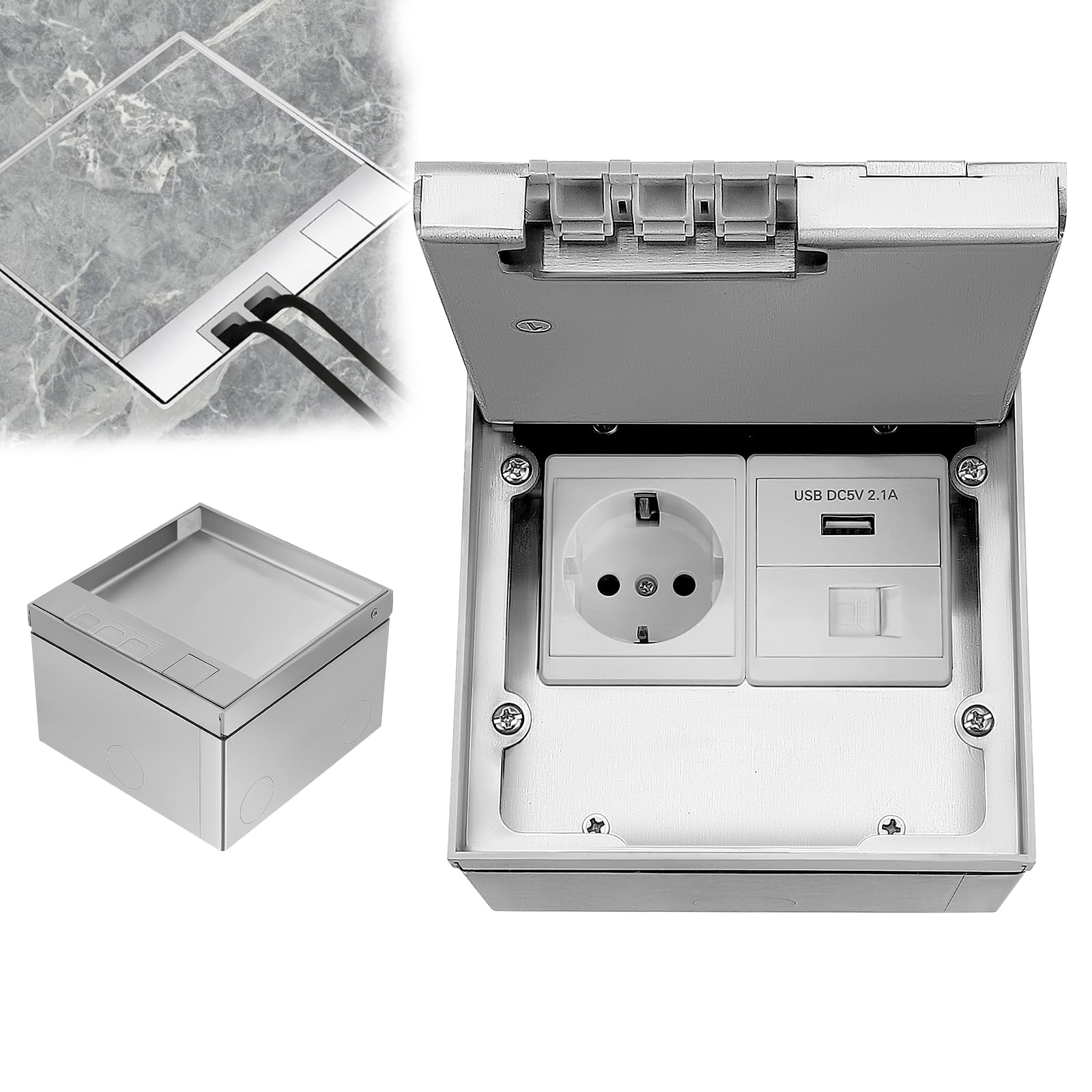 Presa da pavimento in acciaio inox con USB e rete, serbatoio a scomparsa – Presa impermeabile da incasso per cucina, soggiorno, presa combinata, spina europea, 230 V 16 A