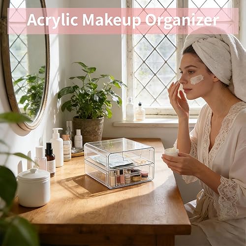 Miniatura 5 de Cajones de almacenamiento apilables transparentes, organizador de cajones de maquillaje acrílico con 2 cajones, contenedores de almacenamiento