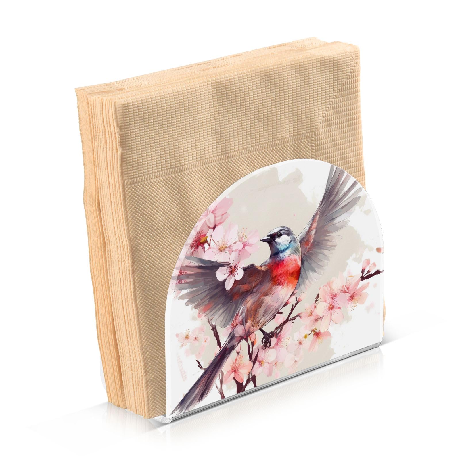 Acrylic Napkin Holder Pink Flowers and Bird Modern Decorative Dinner Paper Holder for Table, Kitchen, Office, Restaurant