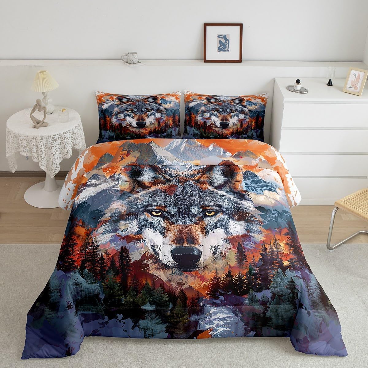 jejeloiu Wolf Comforter Set Full Size Kids Wolves Howling Bedding Set for Boys Girls Teens Adults, Mountain Tree Duvet Quilt Breathable Soft Room Decor 3Pcs