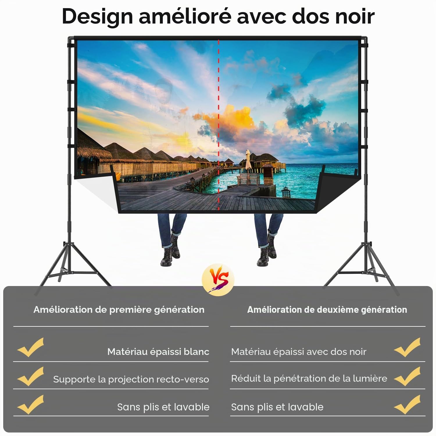 TOWOND Écran de projection avec support, 120", portable, dos noir, extérieur 16:9 4K HD sans plis avec sac de transport