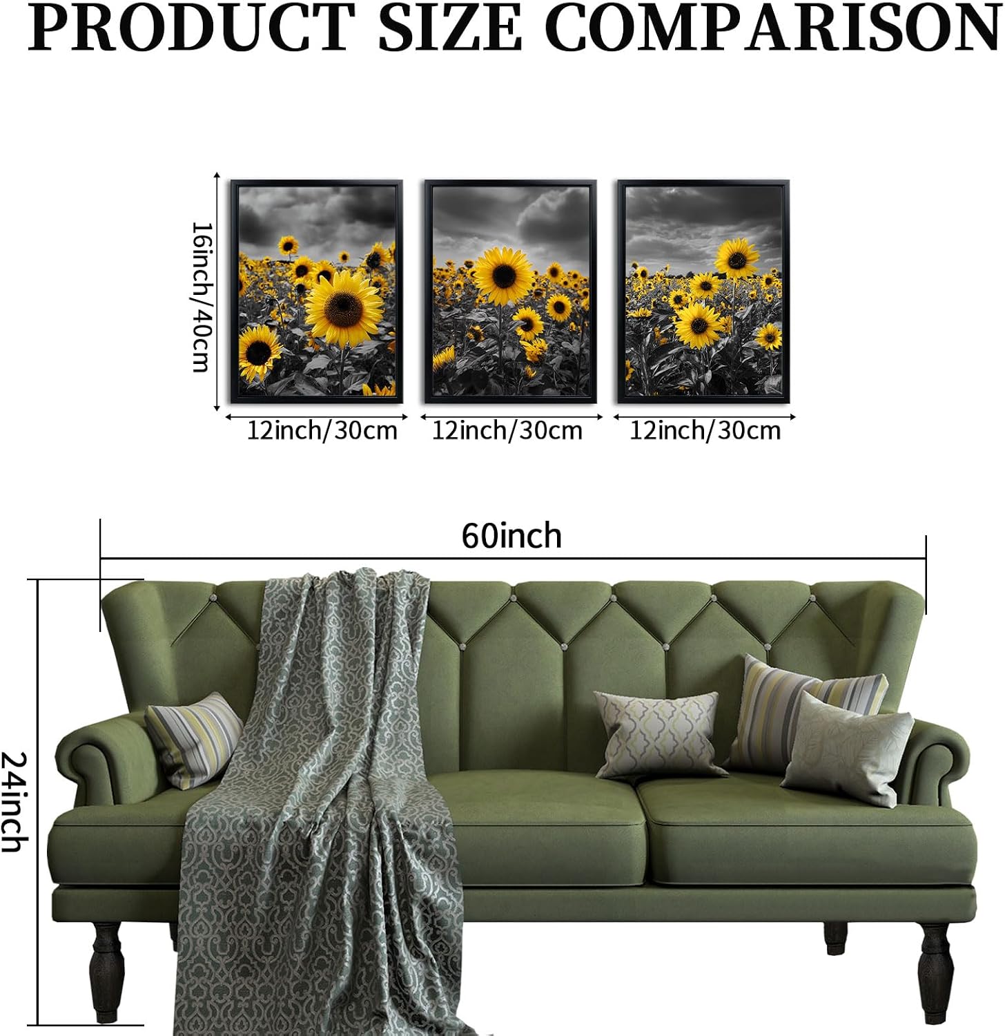 VANSEEING Sunflower Canvas Wall Art Yellow Floral Pictures Prints Black and White Modern Wall Decor for Living Room Kitchen Bedroom Black Framed 12x16inchx3 Pieces