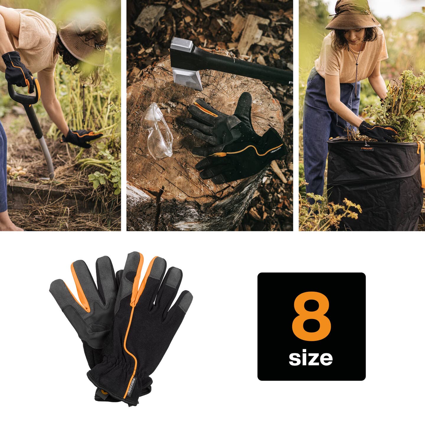 Fiskars Gants de travail et de jardin, Taille 8, Noir/Orange, 1003478