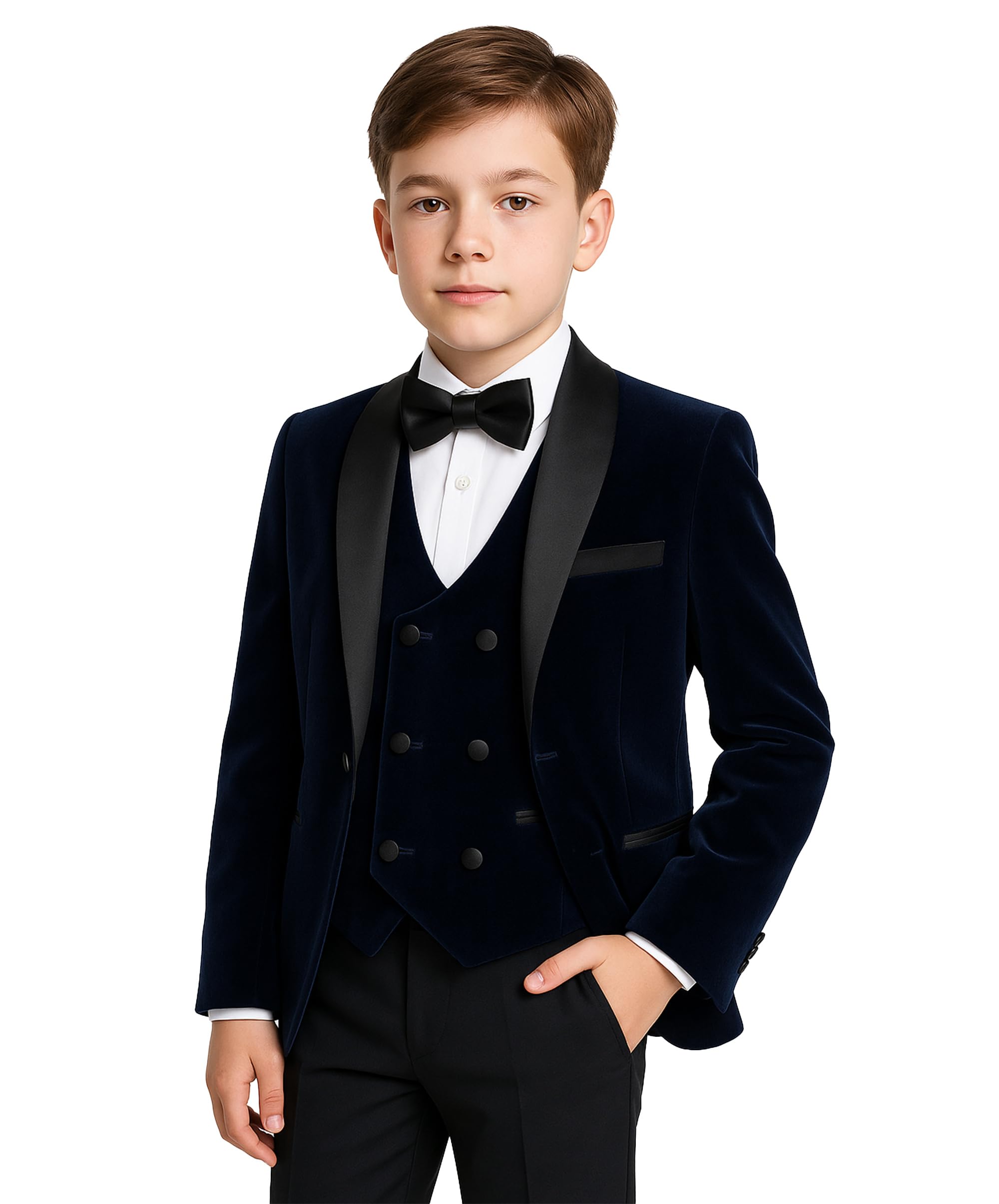 Luxury Boys Slim Fit Velvet 5PC Tuxedo Suit with Double-Breasted Vest- Ideal for Special Occasions