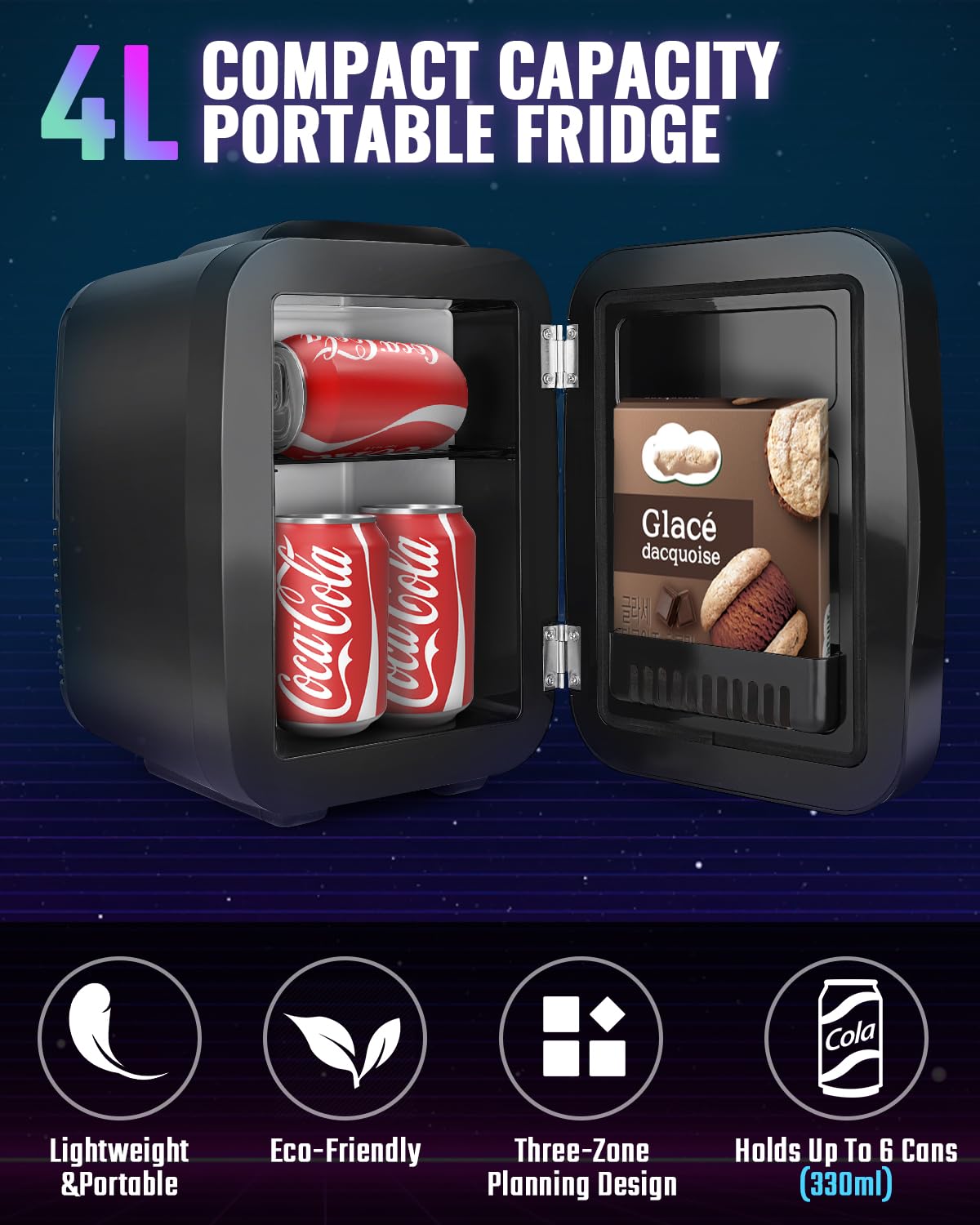 FANSEXPERT Mini Fridge, 4 Liter/6 Cans Small Refrigerator With Dimmable LED Light,AC/DC Portable Mini Cooler and Warmer, Gaming Small Fridge for Bedroom,Office,Gaming Room and Car (Black)