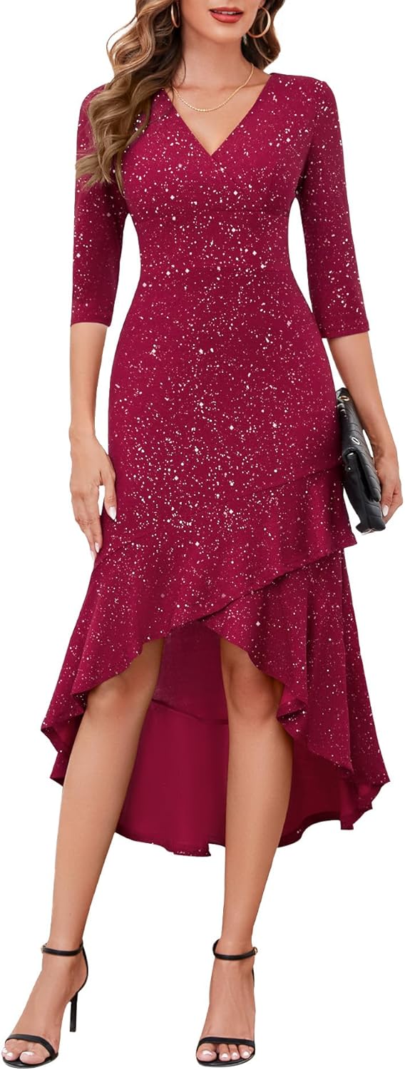 BeryLove Women Sequin Formal Cocktail Glitter Dress 3/4 Sleeve Evening Gown Party Homecoming Wedding Ruffle Hi Low Dresses