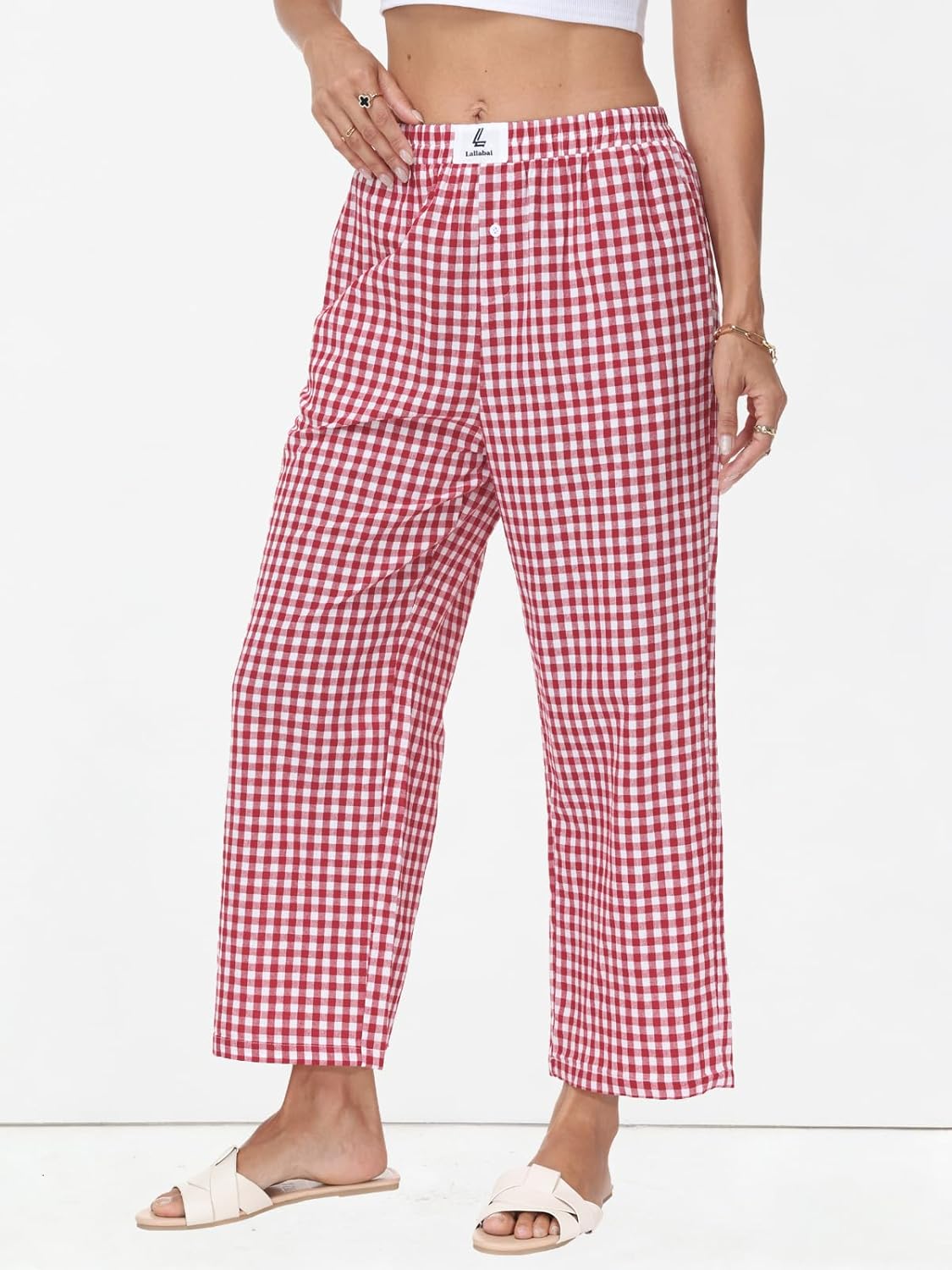 2026 Women Striped Gingham Palazzo Cropped Pants Lounge Boxer Pajama Pants Wide Leg PJ Bottoms Trousers with Pockets - Image 4