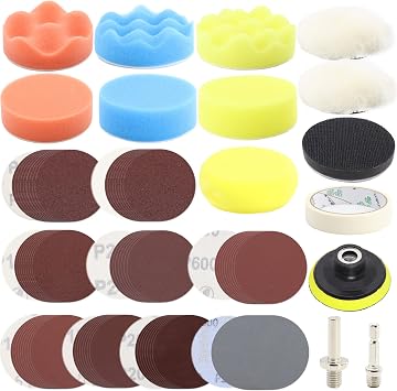 104PCS Car Foam Drill Buffing Pads 3Inch Car Headlight Restoration Kit Sanding Discs with M10 Backing Pad, Wool Buffing Polishing Pad, Sponge Buffing Pad, Interface Pad for Car Washing Cleaning Waxing