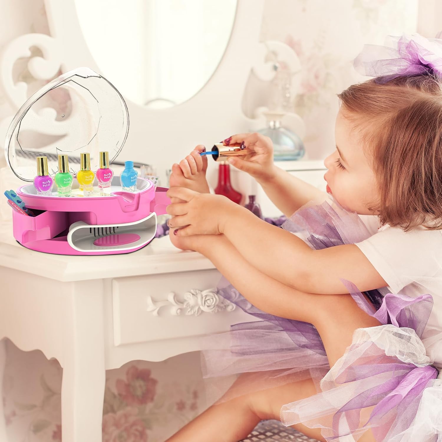 BATTOP Kids Nail Polish Set for Girls, Nail Art Kit for Kids with All-in-One Organizer Nail Dryer, Polish, Stickers, Gems, Filer - Ideas Gift for Girls 6 7 8 9 10 11 12 - Dress-Up Toy