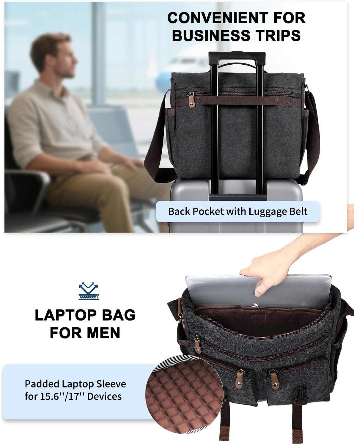 Kasqo Messenger Bag for Men, 14" 15.6" 17" Water Resistant Canvas Laptop Satchel Bag for School College Work