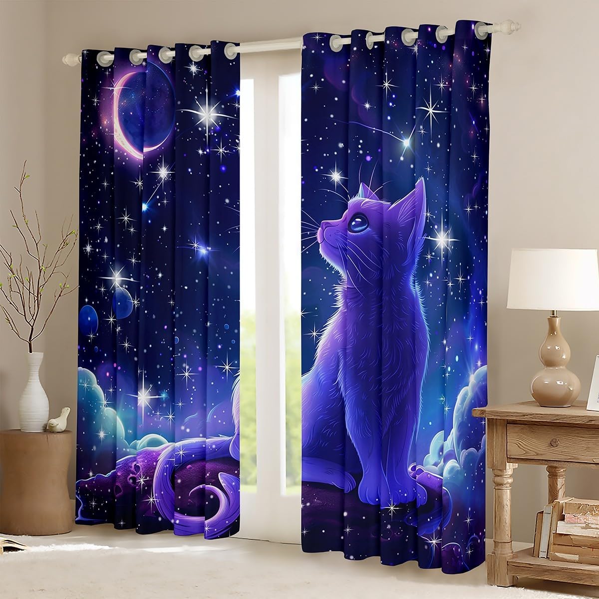Erosebridal Galaxy Cat Curtains & Drapes 42" Wx84 L Cute Cat Blackout Curtains for Kids Boys Girls Room Starry Sky Star Moon Window Curtains Cartoon Space Animal Kitten Window Treatments 2 Panels