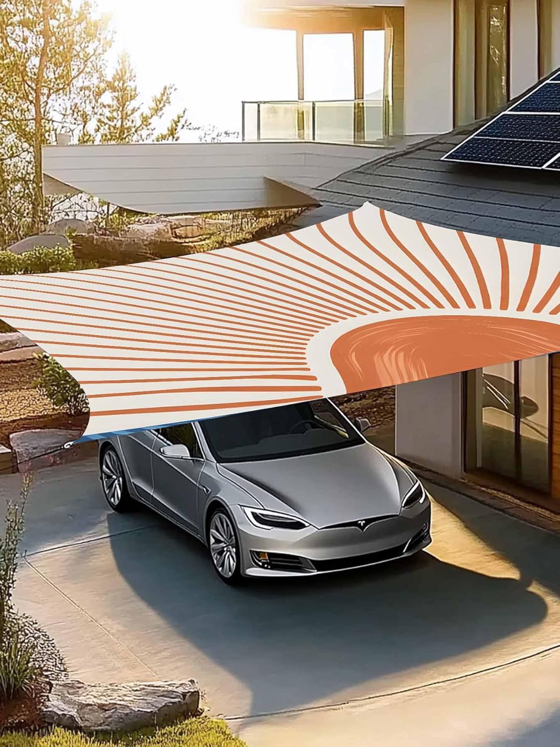 Sunlight Lines Sun Shade Sail 6.5'x10' Rectangle Outdoor Shade Canopy, Orange Sunset Abstract Striped Art Porch Shades Outdoor Sun Blocking Screen, Sunshade Cloth Covers for Patio/Deck/Garden