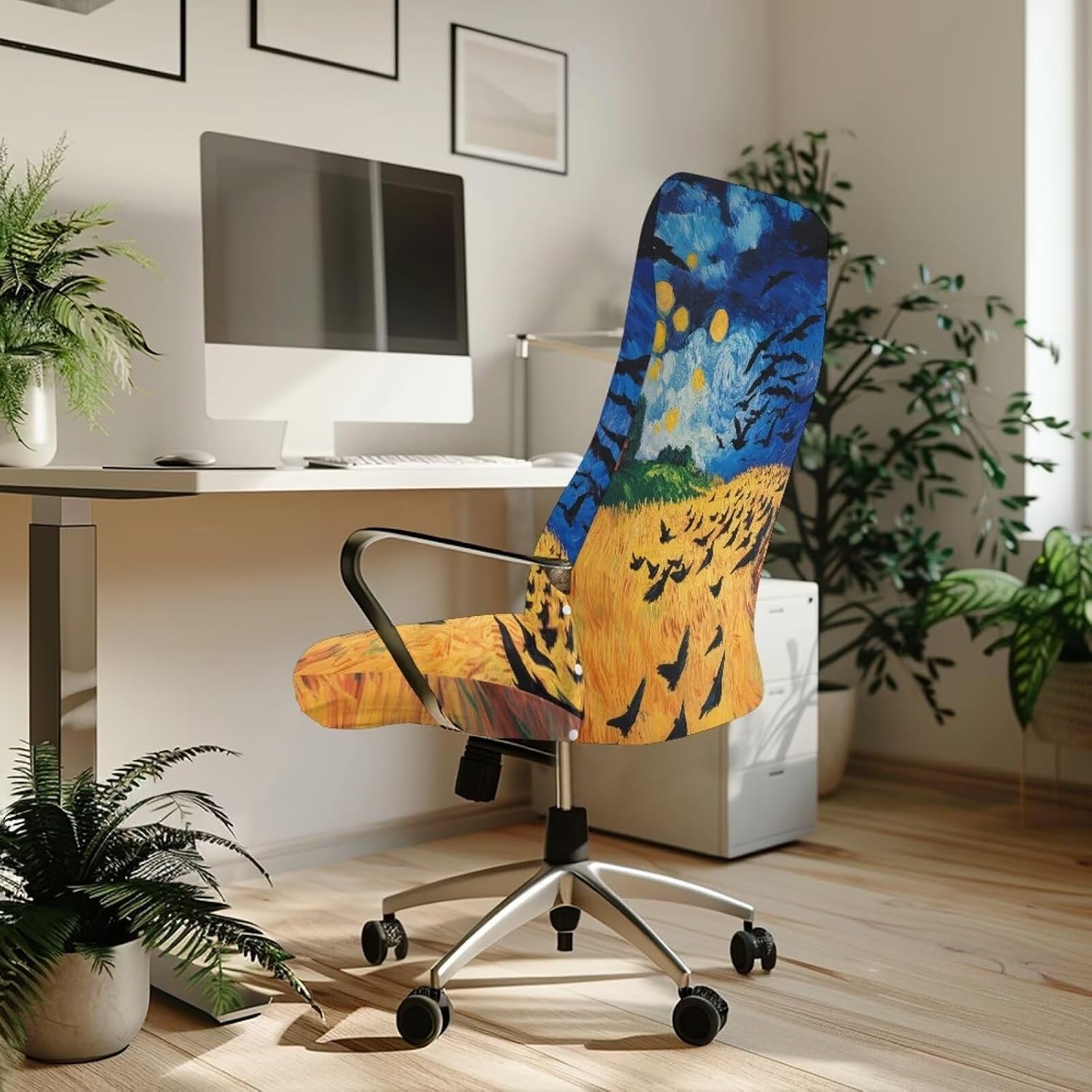 Office Chair Cover Stretchable Swivel Computer Desk Chair Slipcovers with Elastic Bottom One Piece Seat Covers for Armrest Chairs High Back Chair Van Gogh Rice Field with Crows