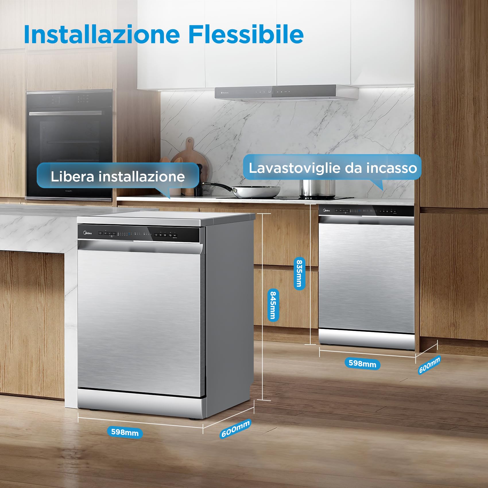 Midea MDWPF1433CSS-W-EU Lavastoviglie a libera installazione con 14 coperti, 10 programmi, WiFi, Funzione Igiene, Apertura automatica, Partenza ritardata, Asciugatura automatica – Inox