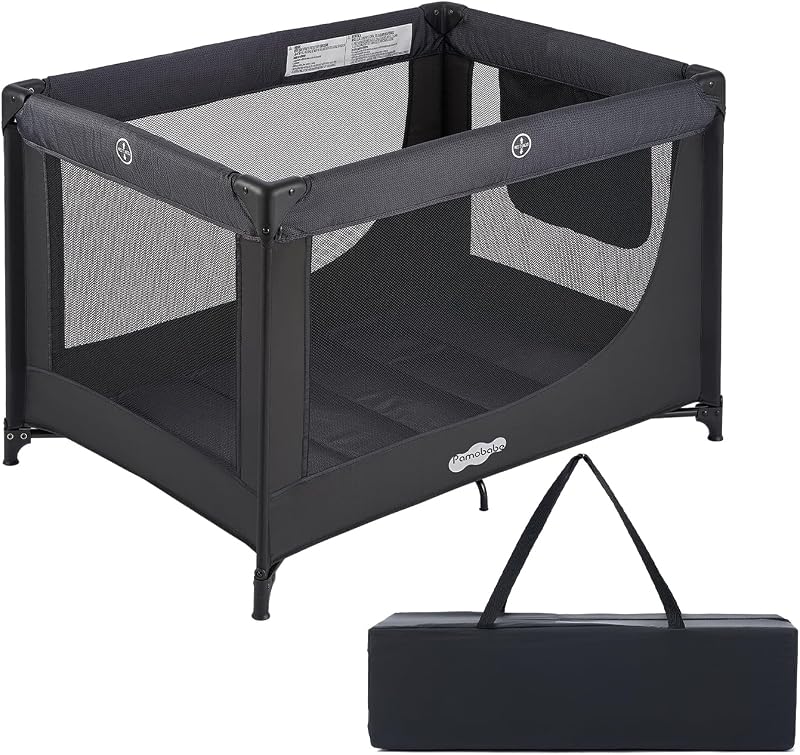 Pamo Babe Pack and Play Cuna portátil para bebé, corralito plegable, parque de viaje ligero para niños pequeños y bebés, color negro
