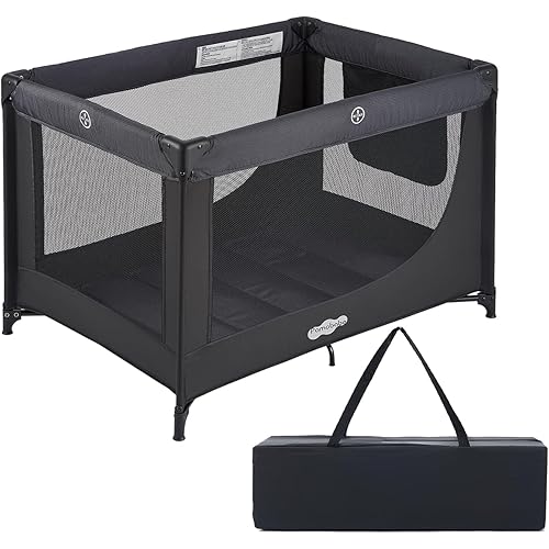 Pamo Babe Compact Pack and Play - Portable Crib for Baby, Lightweight Foldable Travel Playard with Mattress Pad & Carry Bag, Safe Breathable Travel Bed for Home, Trips & Family Visits, Black