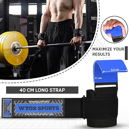 Miniatura 3 de WYOX Ganchos de levantamiento de pesas para hombres y mujeres (par) - Correas de soporte de muñeca resistentes con ganchos para peso muerto,