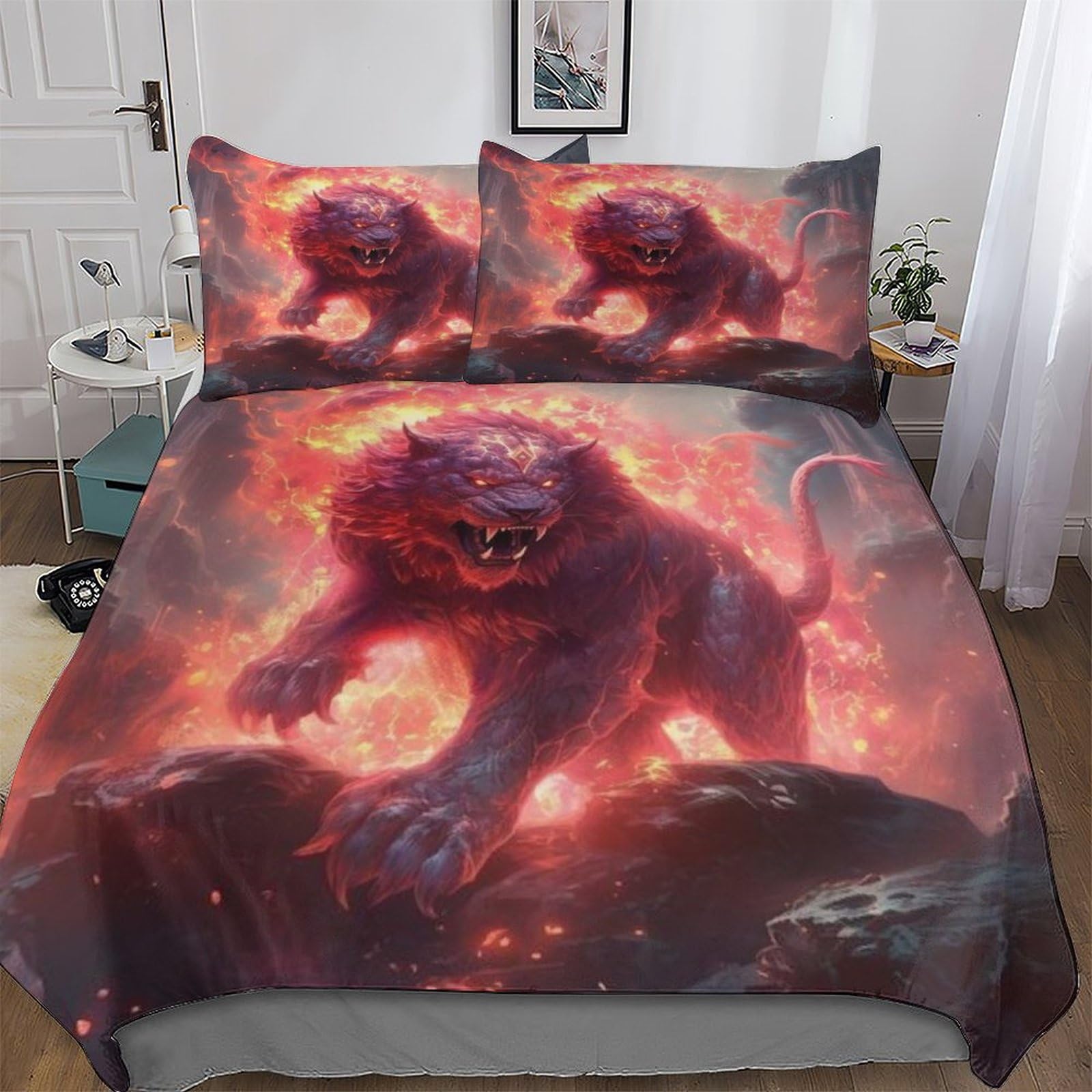 Housse de couette lion 220x240 avec taies d'oreiller linge de lit microfibre douce 3 pièces