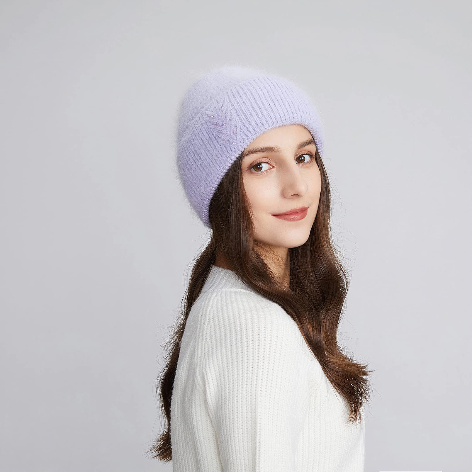 BeFur Bonnet à pompon en cachemire pour femme - Chaud - Côté large avec strass - Pour l'hiver, Violet, Taille unique