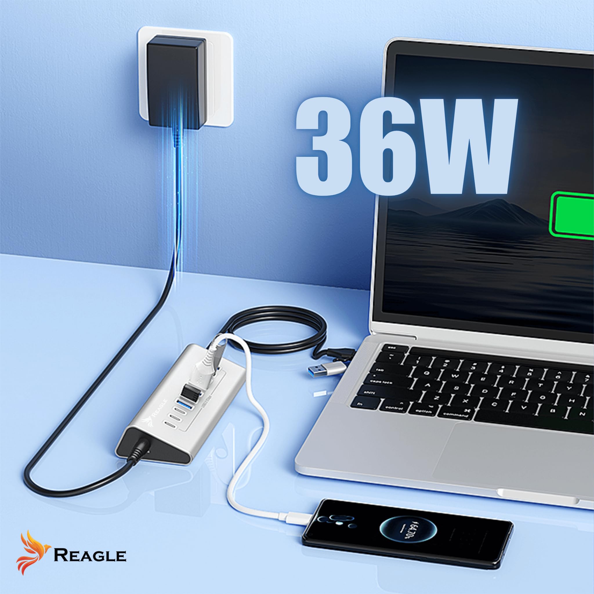 REAGLE Concentrador de 10 puertos, USB 3.2 con cable de 100 cm para escritorio, 10 en 1, 7 puertos USB-A y 3 x USB-C, 36 W, Plug and Play, aluminio USB distribuidor 5 Gbps, para PC, portátil, MacBook