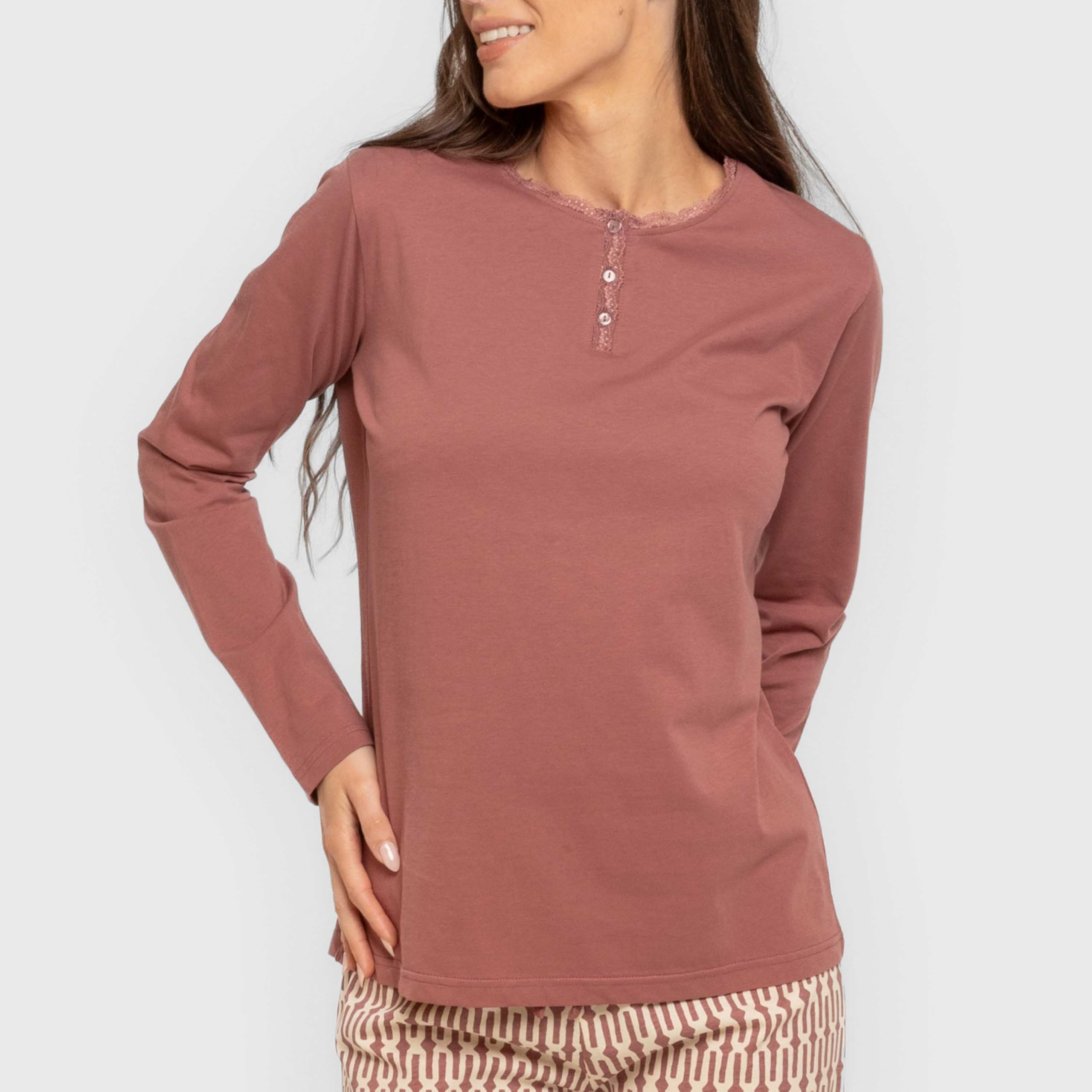 TRAMAS+ Pyjama 100% Coton pour Femme, Pyjama Long pour Femme, Ensemble t-Shirt à Manches Longues et Pantalon Long avec Taille Ajustable, Ensemble pour Femme