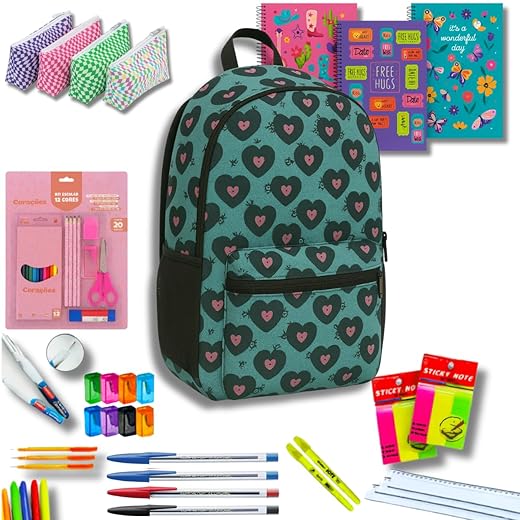 Kit Material Escolar Volta às Aulas 42 Itens com Mochila, Estojo, Caderno, Canetas, Lápis de Cor, Corretivo, Régua, Apontador e Canetinha, Feminino