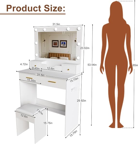 Makeup Vanity Desk with Mirror, 9 Hollywood Bulbs & 4 Drawers (White-S2)