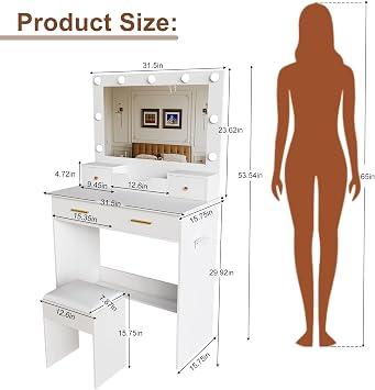 Makeup Vanity Desk with Mirror, 9 Hollywood Bulbs & 4 Drawers (White-S2)