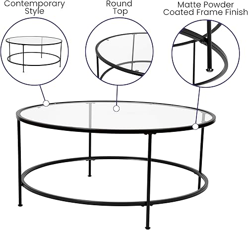 Miniatura 4 de Astoria Collection - Mesa de centro redonda, moderna mesa de centro de cristal transparente, marco dorado mate