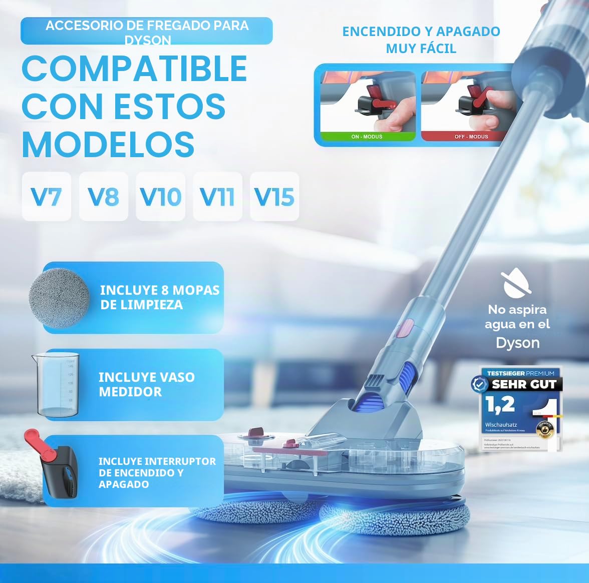 Prueba ganadora – Accesorio para aspiradora Dyson V7/V8/V10/V11/V15/Gen5 – Aspiradora húmedo seco – con depósito de agua extraíble, depósito de llenado