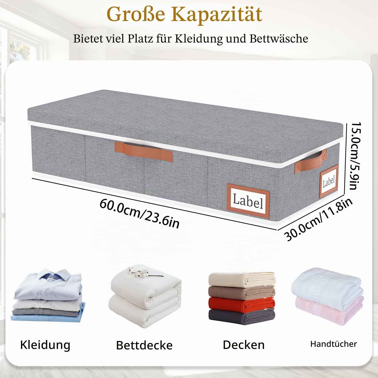 Yawinhe 3 Stück Unterbettkommode mit Deckel,48L Aufbewahrungsbox,Grau | Unterbett-Aufbewahrungstasche Faltbarer mit Griffen und Etikettentaschen,Kleideraufbewahrung für Bettdecken