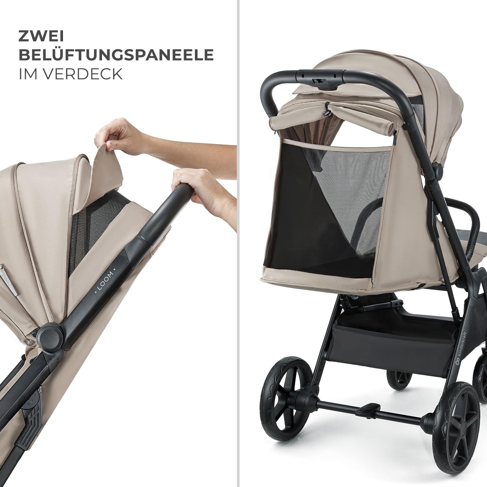 Kinderkraft LOOM Kompakter und leichter Buggy, automatisches Zusammenklappen, große pannensichere Räder, verstellbare Rückenlehne, ab Geburt bis 22 kg, Beige