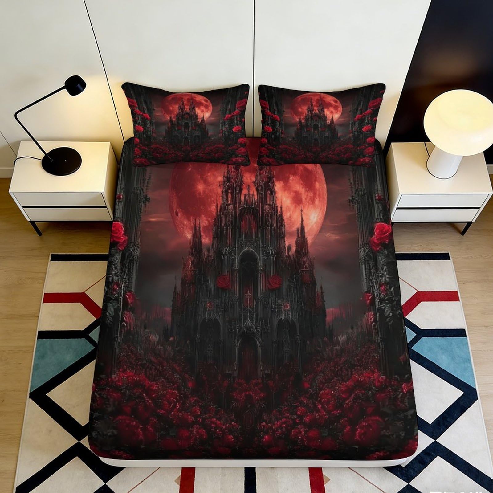 Gothic Castle 3D Printed Fitted Sheet Microfiber Deep Pocket Non-Slip Bedroom Bedding Gothic Mattress Fitted Cover for Adults Teens 200x200x25cm