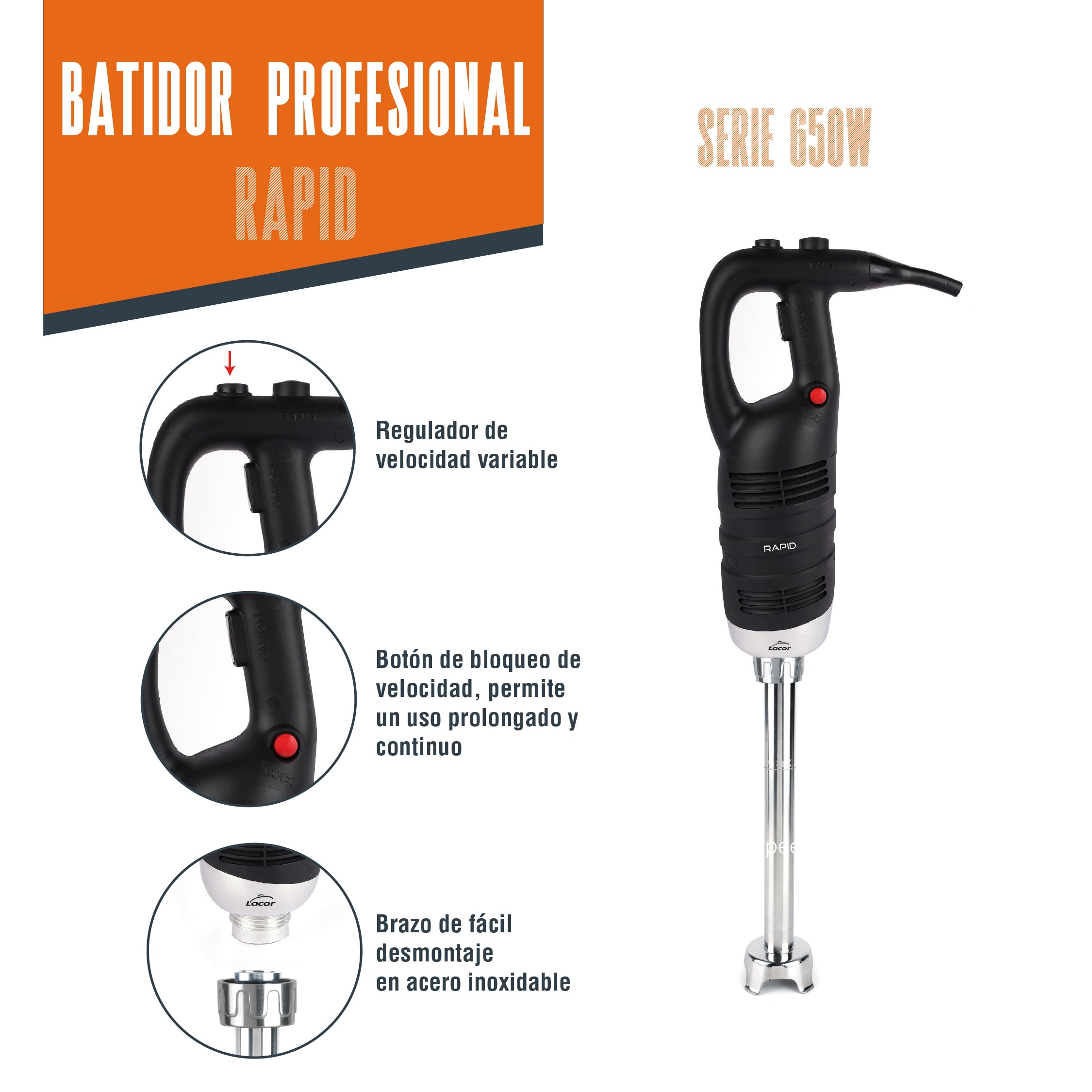 Lacor 69933 - Batidor profesional Rapid, con Brazo Triturador - Cocina | En acero inoxidable, para montar, emulsionar y mezclar; ideal para cocina profesional y uso diario en casa, para el día a día