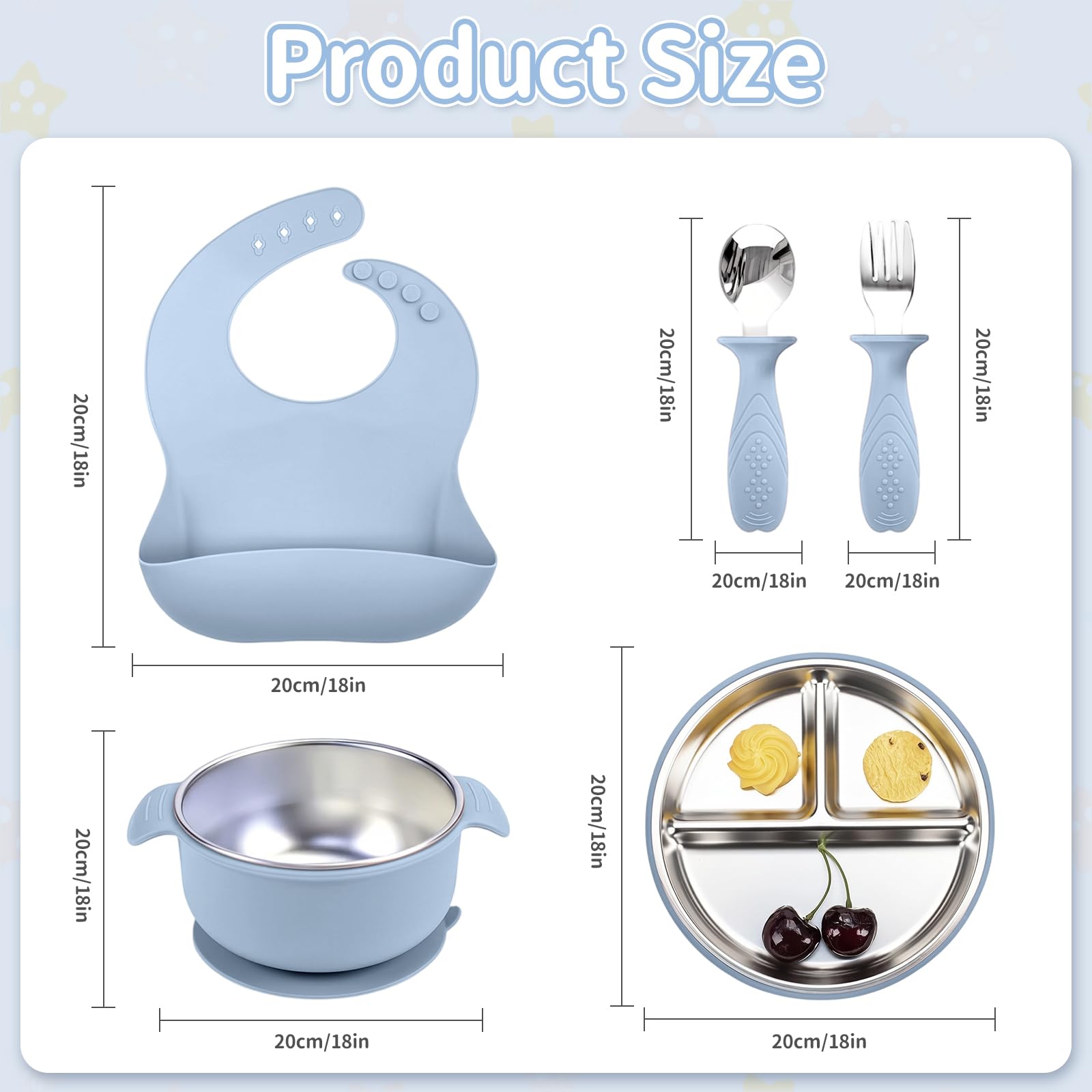 Cofanetto Pasto Bebè 5 Pezzi, Stoviglie in Silicone Antiscivolo con Ventosa: Piatto a 3 Scomparti, Ciotola, Bavaglino, Cucchiaio e Forchetta – Senza BPA per Neonati e Bambini (blu)